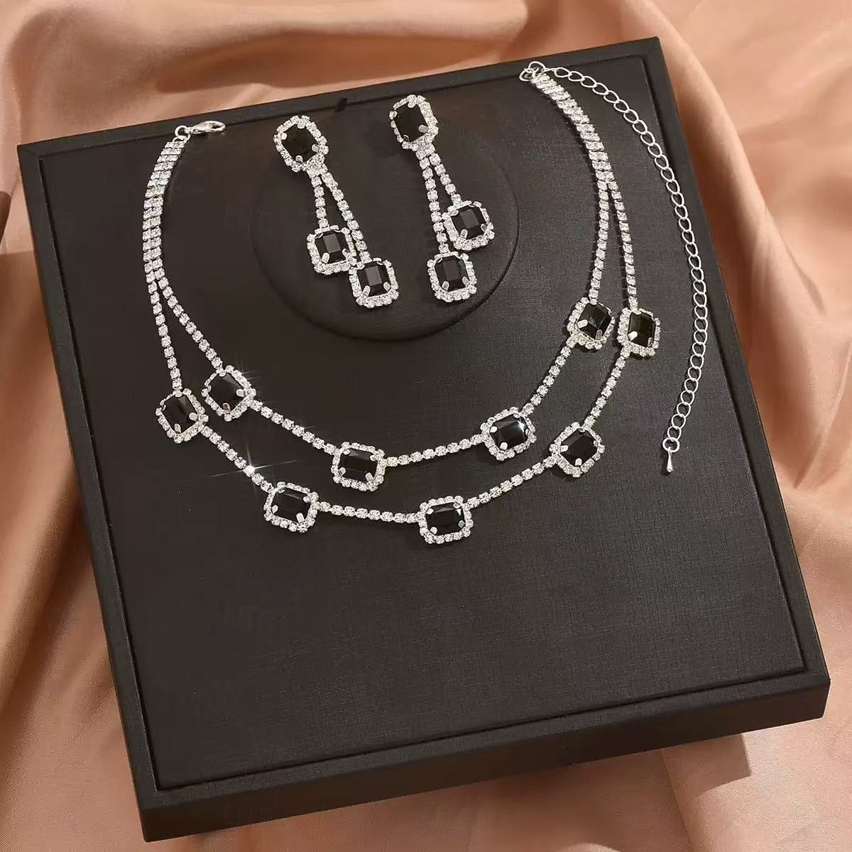 Dámská sada smaragdově zelených šperků s kamínky na vánoční večírek, elegantní dvouvrstvý krystalový náhrdelník a sada dlouhých visacích náušnic na oslavu svátků &formální večery 2026 - $11.99 –P2
