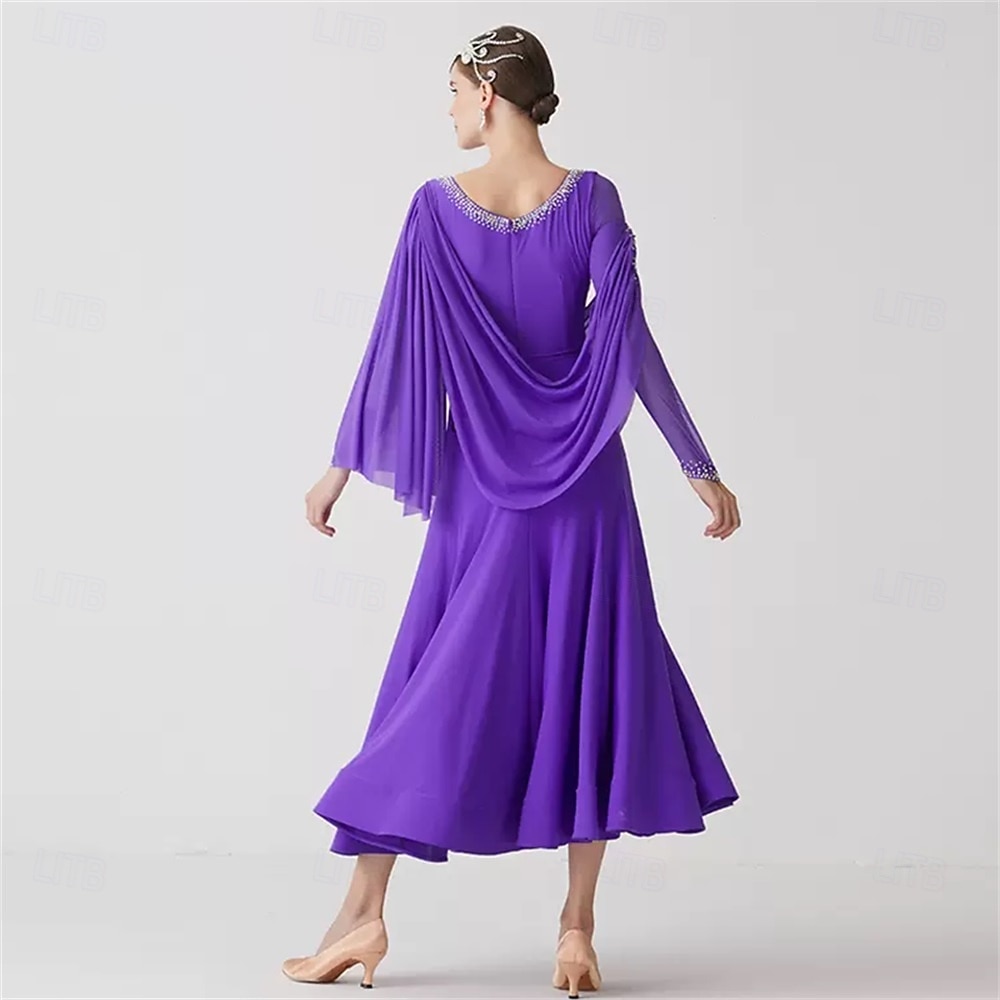 женское платье для бальных танцев, драпированное, с рукавами-шальками, элегантное, для выступлений вальс, танго, фокстрот, конкурсное платье – фиолетовое 2026 - $251.19 –P2