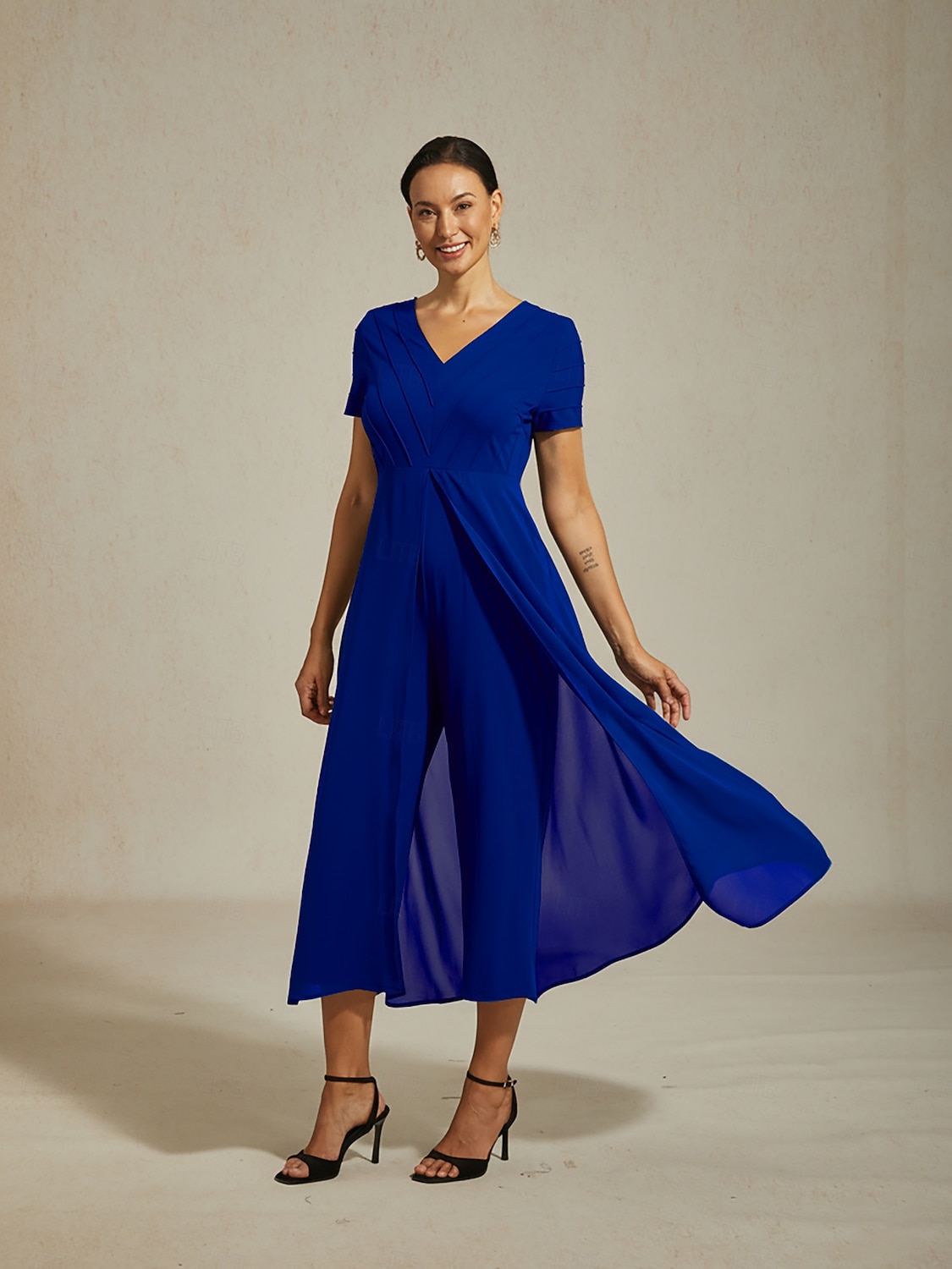 Damen-Jumpsuit, königsblau, V-Ausschnitt, getäfeltes Design, zweiteilig, fließend, transparenter Look, Stretchstoff, lässig, Frühling, Sommer, Herbst 2025 - $114.99 –P1