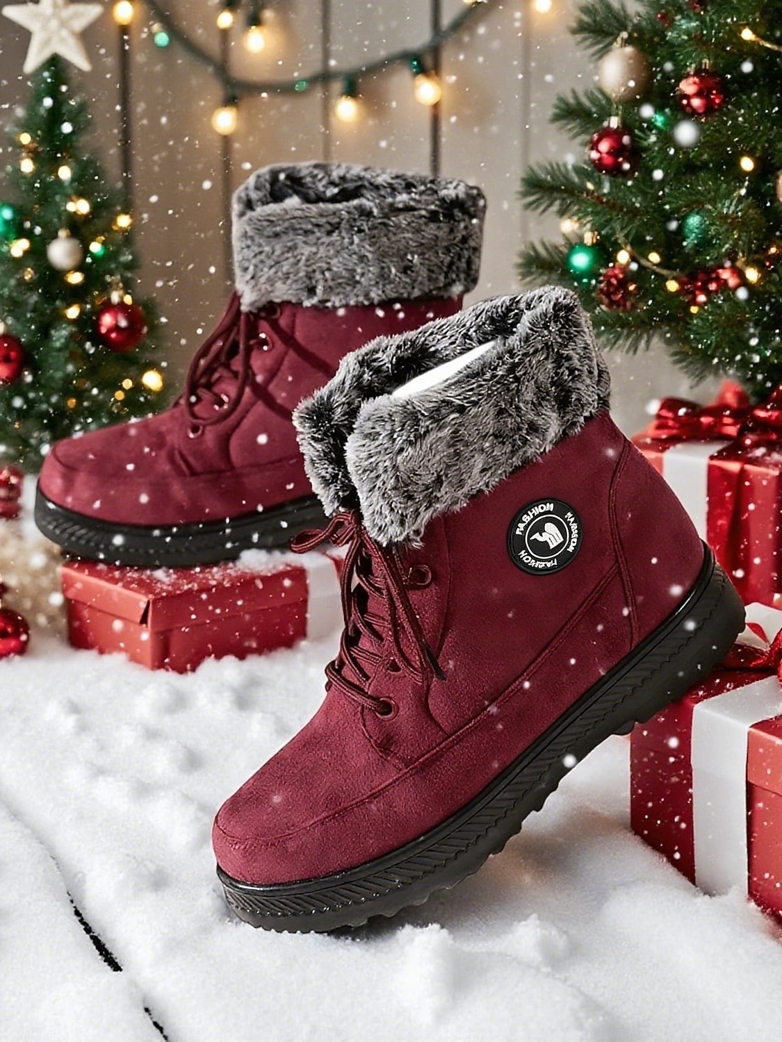 női bordó műszőrmével bélelt hótaposó – meleg téli csizma kültéri karácsonyi tevékenységekhez és hideg időben való viseletre 2025 - $34.99 –P2