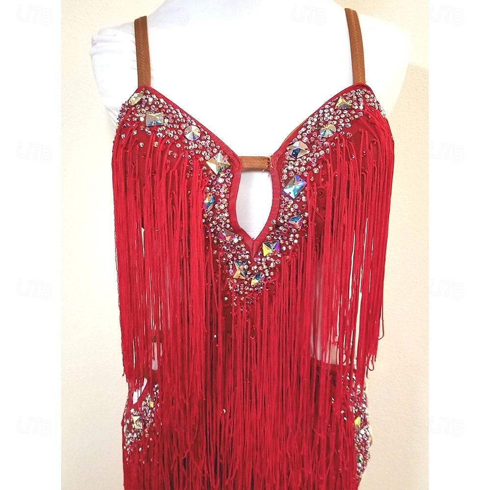 Women's Latin Dance Dress Red Fringe Rhinestone Deep V Competition  Performance Costume for Cha Cha Samba Rumba Jive 2026 - $375.79
