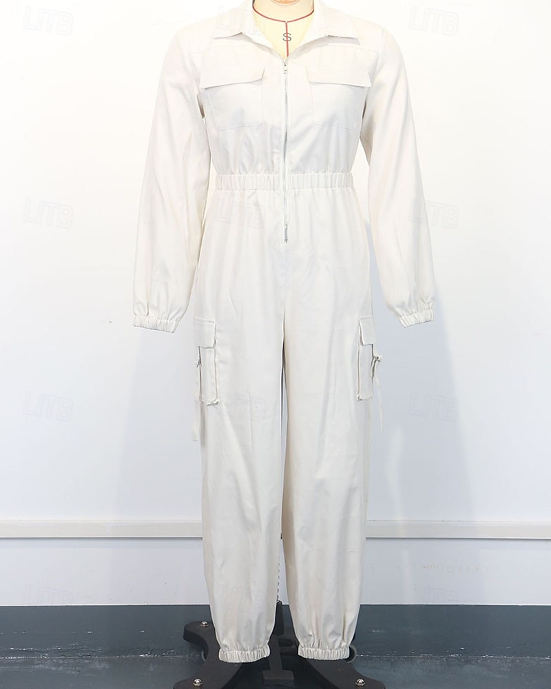 בגדי ריקוד נשים סרבלים פעיל צבע אחיד שרוול ארוך מכנסי קרגו צווארון חולצה רוכסן כיס חופשה יומי רגיל שחור משמש אביב 2026 - $45.99 –P5