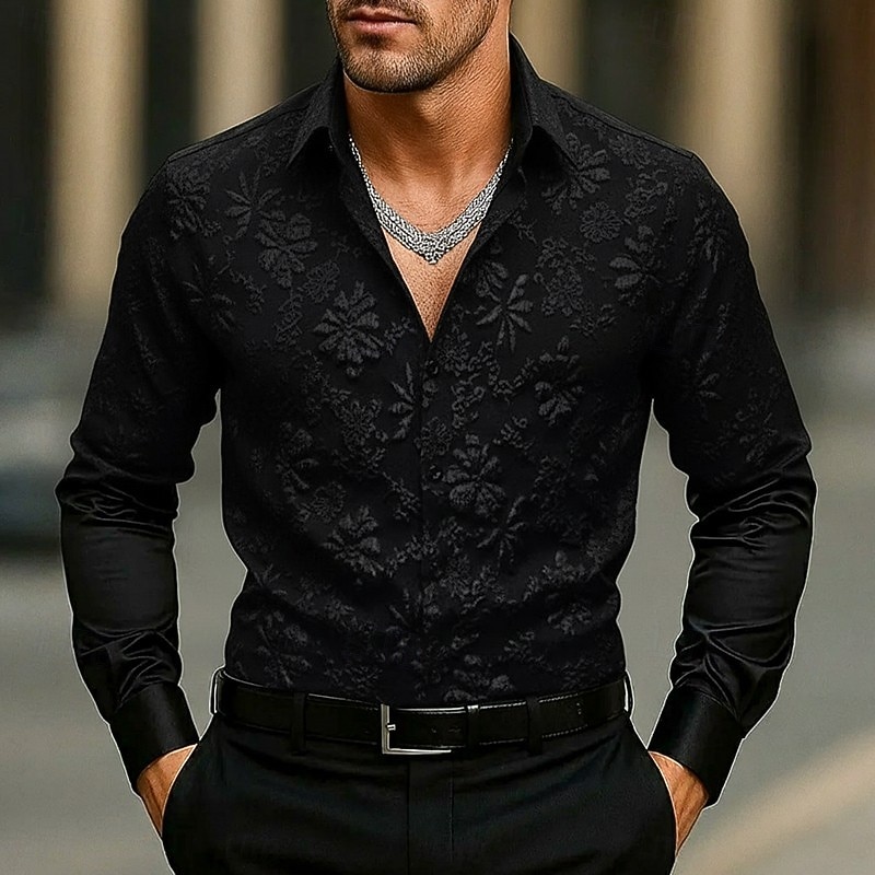 Homens Camisa Social Camisa casual camisa de botão Preto Branco Manga Longa Floral Tecido Lapela Férias Casual Jacquard Roupa Moda Chique & Moderno Casual Informal mas elegante de 2026 por $29.99 –P4