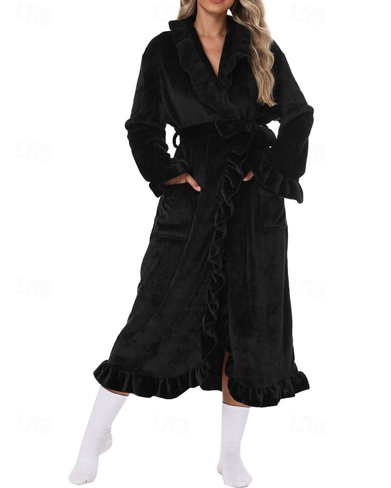 Women's Pajamas Robe Flannel Warm Fashion Pure Color Ruffle Pocket Home Daily Bed Long Sleeve Crew Neck Black White Pink Red Purple Fall Winter Regular Fit 2026 - E£3015.43 –P18