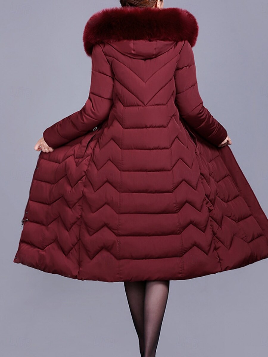 Dam Anorak Bekväm Andningsfunktion Dragkedja Ficka Knappar Pälskrage Ledigt Slät Semester Gata Ledigt Dagliga kläder Dragkedja Lång Huva Normal Långärmad Ytterkläder Svart Vin Rubinrött Vår Höst 2025 - $71.99 –P11