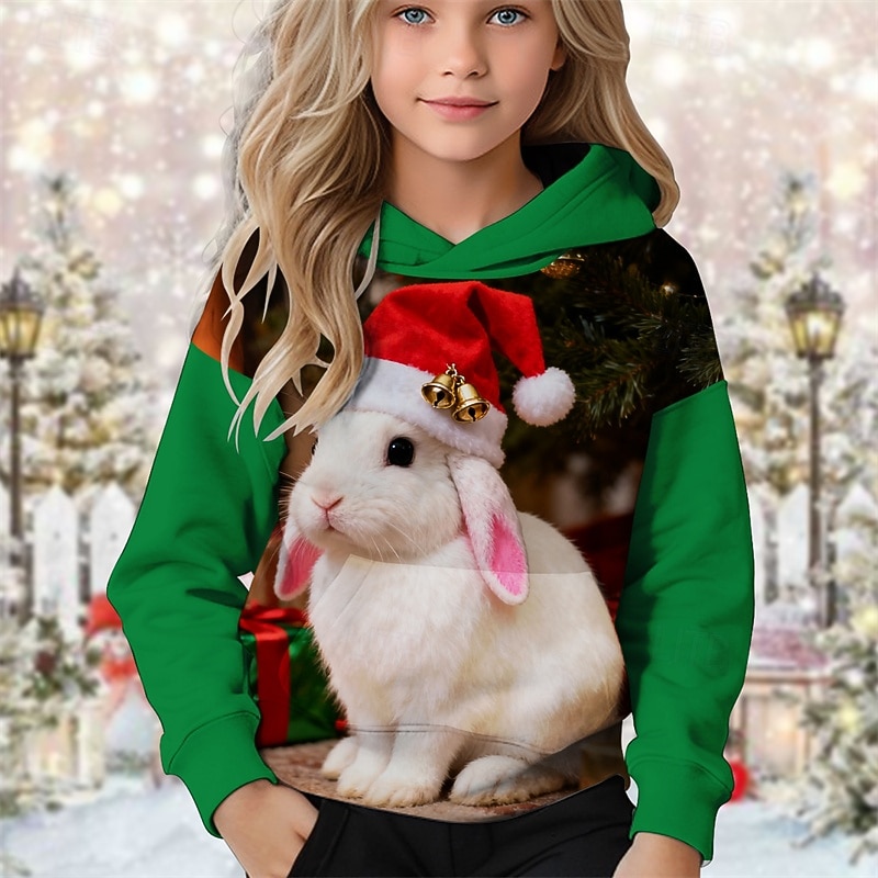 Kerstmis Voor meisjes 3D Grafisch Konijn Trui met capuchon Lange mouw Herfst Winter Modieus Aanbiddelijk Basic Kinderen 4-12 jaar Capuchon Buiten Casual Dagelijks Normale pasvorm 2025 - $18.99 –P2
