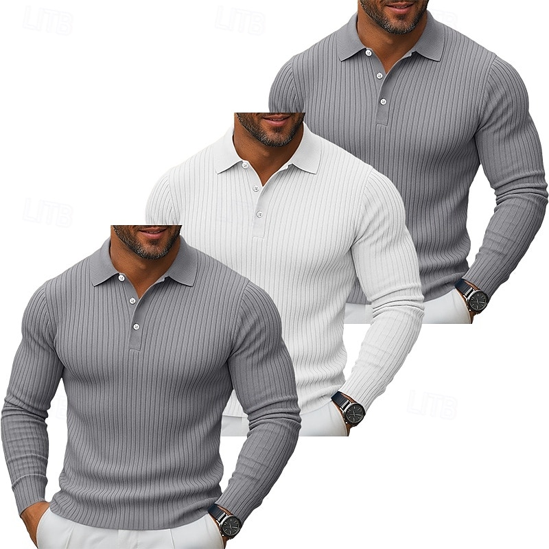 3 db-os férfi bordás kötésű felső golf pólóing többes csomag utcai lezser hajtókás hosszú ujjú alapvető modern egyszínű gombos tavasz ősz minden évszak karcsúsított bordás kötésű felső 2025 - $59.99 –P14