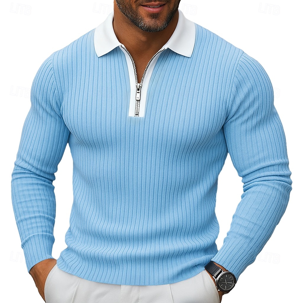 Per uomo Top a Maglia a Coste Polo da Golf Streetwear Casuale Bavero Manica Lunga Essenziale Moderno Semplice Cerniera Bottoni Primavera Autunno Tutte le stagioni Vestibilità regolare Bianco Blu del 2025 a $28.99 –P2