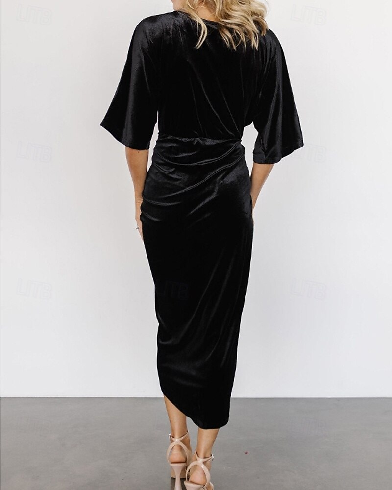 Damen Midikleid Samtkleid Partykleid Cocktailkleid Mode Modern Party Abendgesellschaft Normale Passform Einfach Halbarm V Ausschnitt Schwarz Wein Dunkelgrün Kamel Herbst Winter 2025 - $31.49 –P12