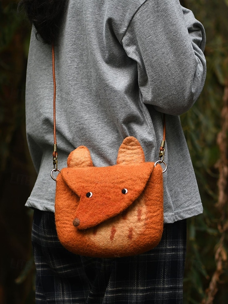 női filc crossbody táska, aranyos róka alakú válltáska, vintage kézzel készített állatmintás kézitáska hölgyeknek alkalmi mindennapi utazáshoz 2025 - $26.99 –P4
