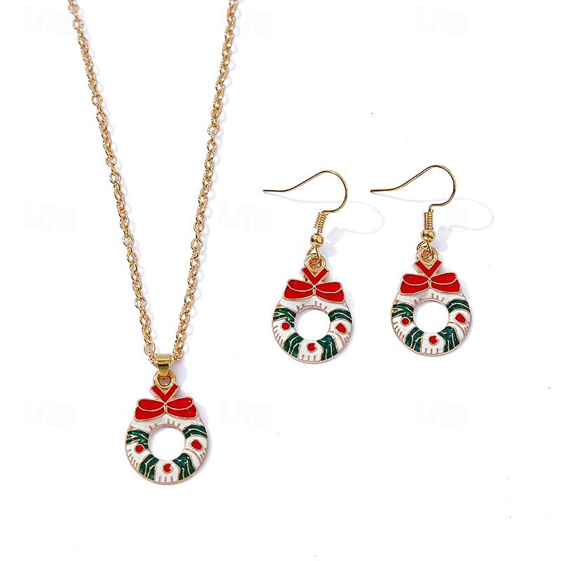 conjunto de joias de guirlanda de Natal – colar e brincos vermelhos e verdes com design de laço para mulheres de 2026 por $11.99 –P2