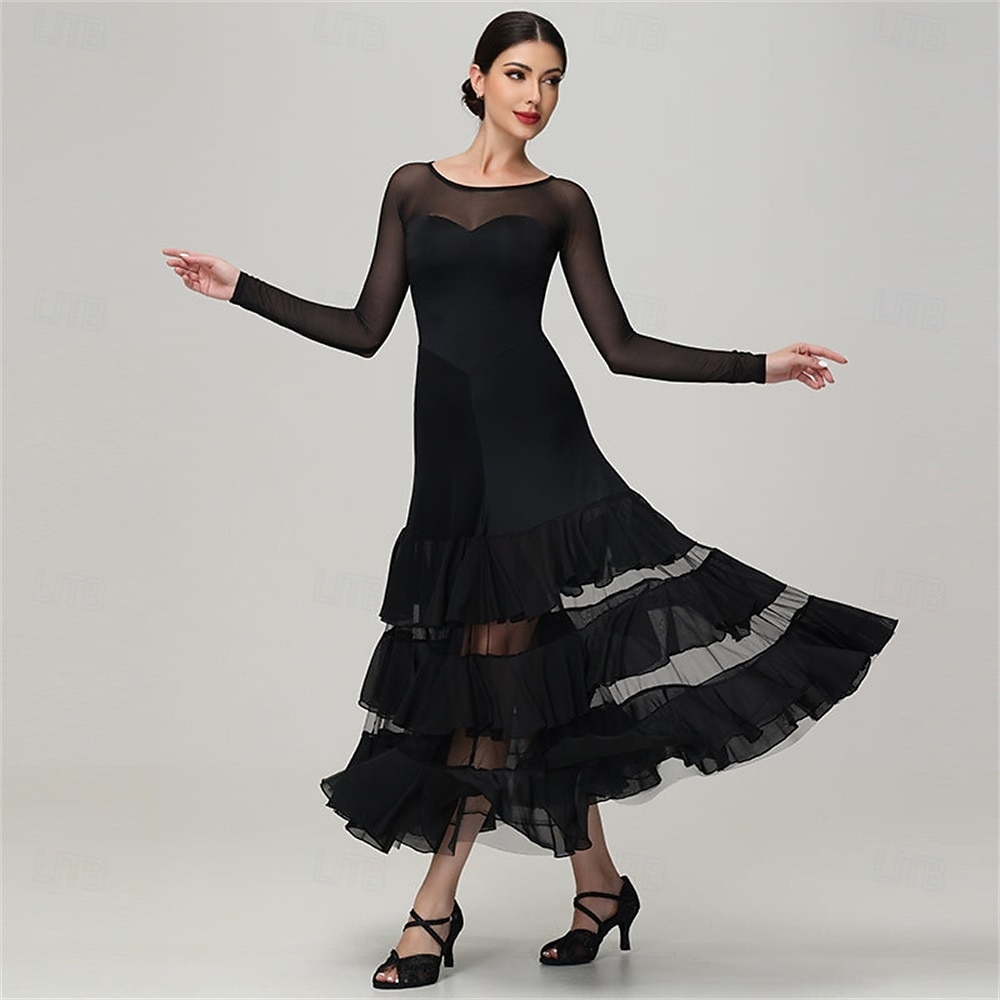 Women's Ballroom Dance Dress Layered Ruffle Mesh Long Sleeve Elegant Tango Waltz Foxtrot Competition Performance Gown – Black 2025 - $234.99 –P1