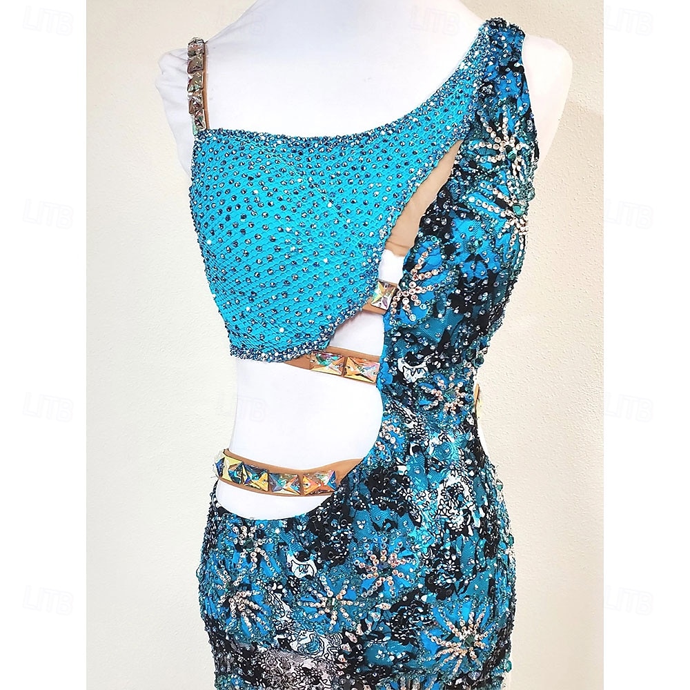 Women's Latin Dance Dress Blue Rhinestone Cutout Bodycon Fringe Costume for Cha Cha Samba Paso Doble Performance Competition 2026 - $457.09 –P7