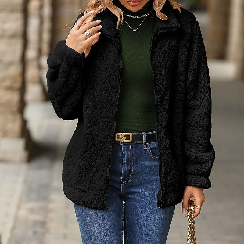 Dámské Zimní kabát Teddy Coat Zahřívací Pohodlné Zip Kapsy Na běžné nošení Pevná barva Vánoce Dovolená ulice Ležérní Standardní Přehnutý Běžný Dlouhý rukáv Svrchní oděvy Černá Rubínově červená Khaki 2025 - $35.99 –P7