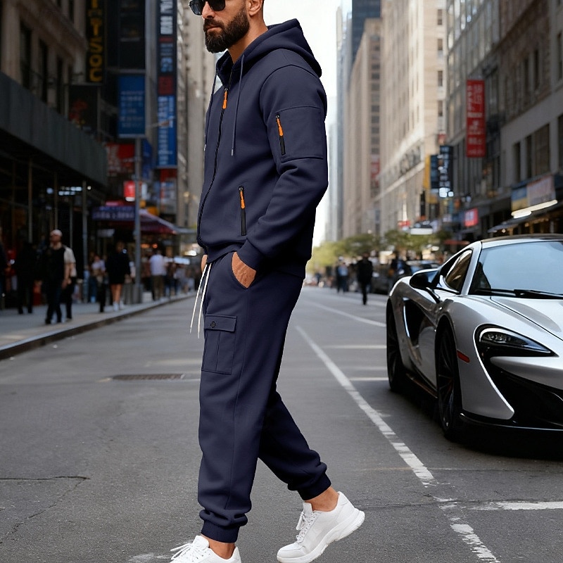 Men's Tracksuit Outfit Set Hoodies Set Hoodie Outdoor Daily Sports Drawstring Zip Up Pocket Plain Black Navy Blue Brown Polyester Activewear Fashion Streetwear Fall 2026 - $56.99 –P7