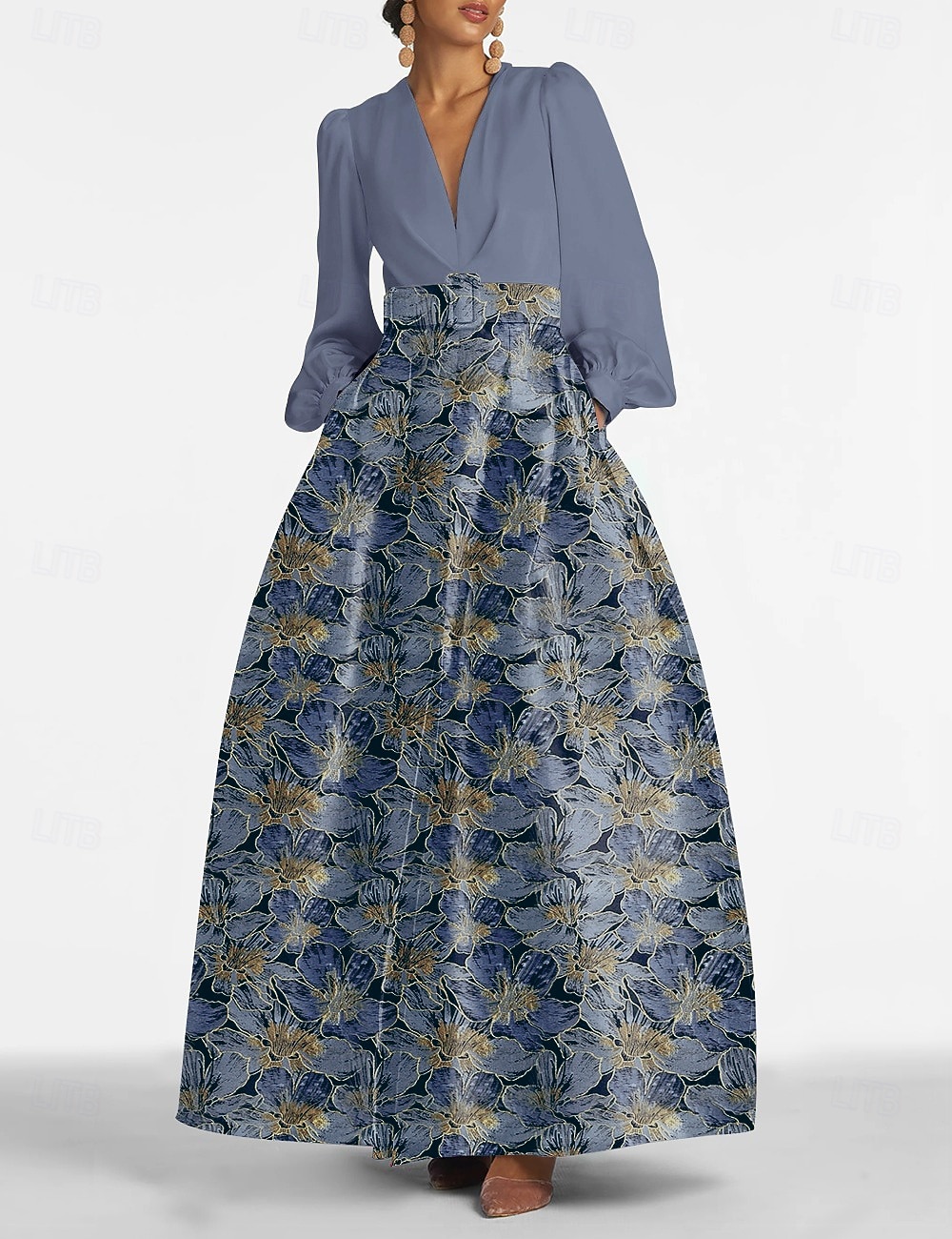 2025年 ジャカードブロケード フローラル Aラインイブニングガウン ドレス フォーマルウェディングゲスト フロアレングス 長袖 Vネック ベルト ナイロン スリットポケット  コレクション – $149.99 –P5