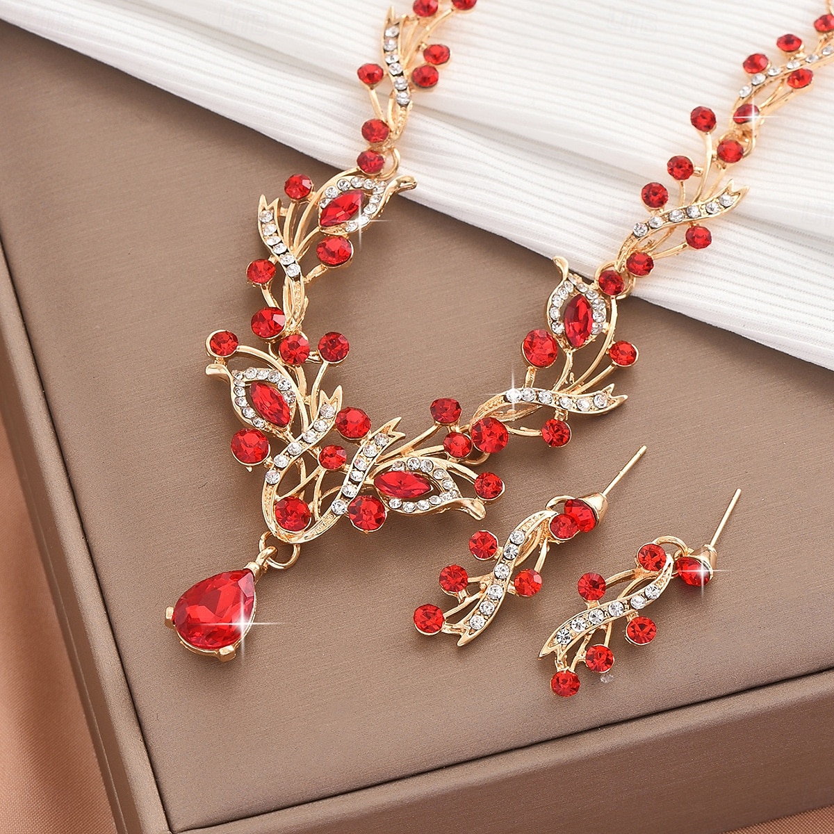 damski komplet biżuterii z czerwonymi kryształkami, elegancki naszyjnik i kolczyki z kryształkami ze złotymi zdobieniami, idealny na imprezy i wesela &wieczorne wydarzenia 2026 - $14.99 –P4