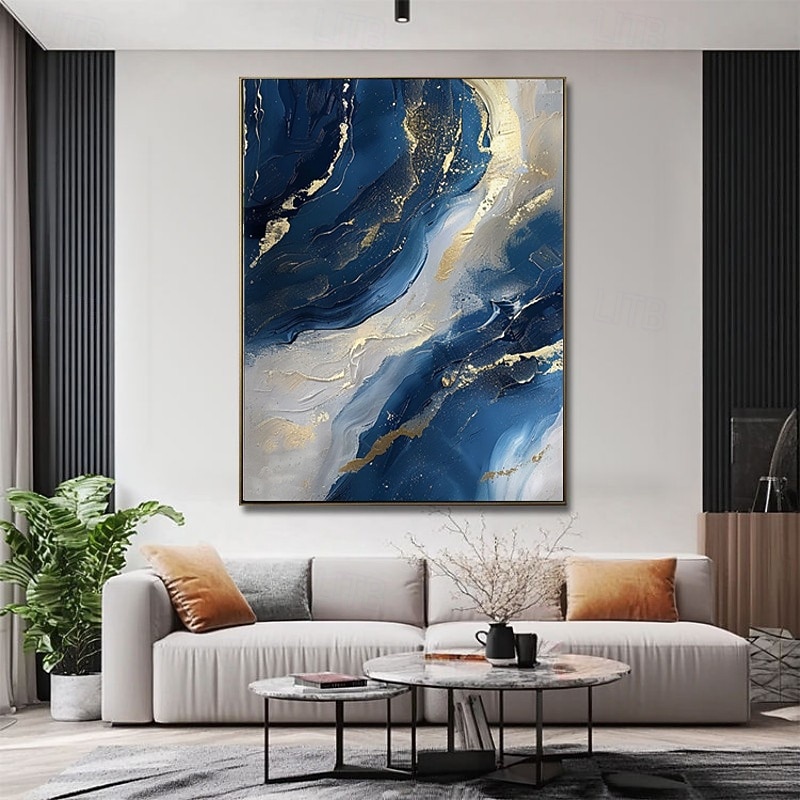 dipinto a olio fatto a mano su tela, decorazione artistica da parete astratta blu dorato per la casa, soggiorno, camera da letto, decorazione con cornice allungata, dipinto appeso/dipinto arrotolato del 2026 a $47.99 –P7