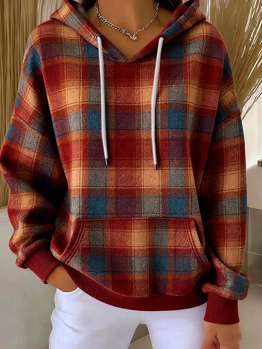 Mujer Sudadera con capucha Pullover Estampado Bolsillo delantero Graphic Geométrico Plaid Cálido Vintage Casual Manga Larga Con Capucha Tops regulares Casual Calle Uso Diario Azul Piscina Amarillo 2026 - $28.99 –P1