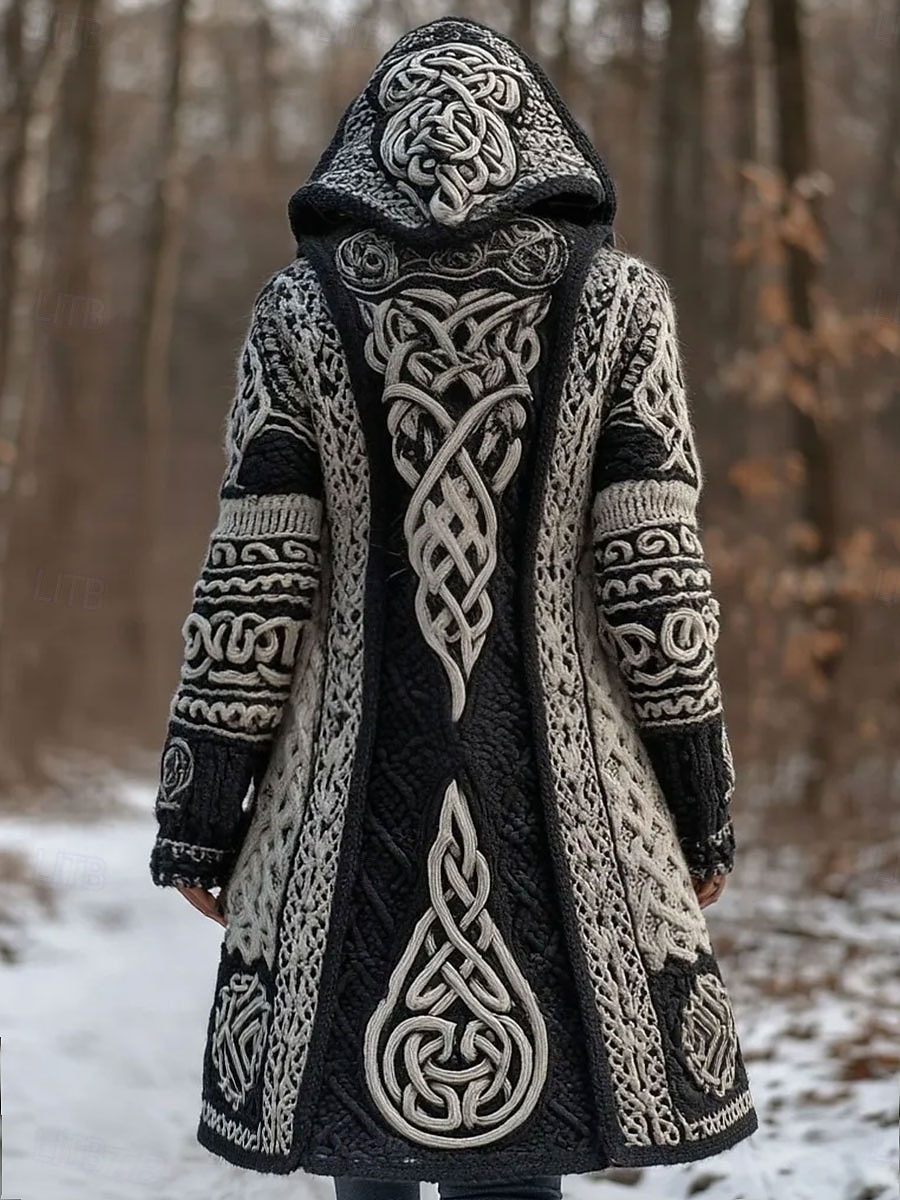 Dam Kofta Dagligen Ledigt Grafisk Geometrisk Ribbad Huva Lappverk Ficka Knappar Långärmad Långa toppar Sticka Utomhus Helgen Svart Höst Vinter 2025 - $52.99 –P1