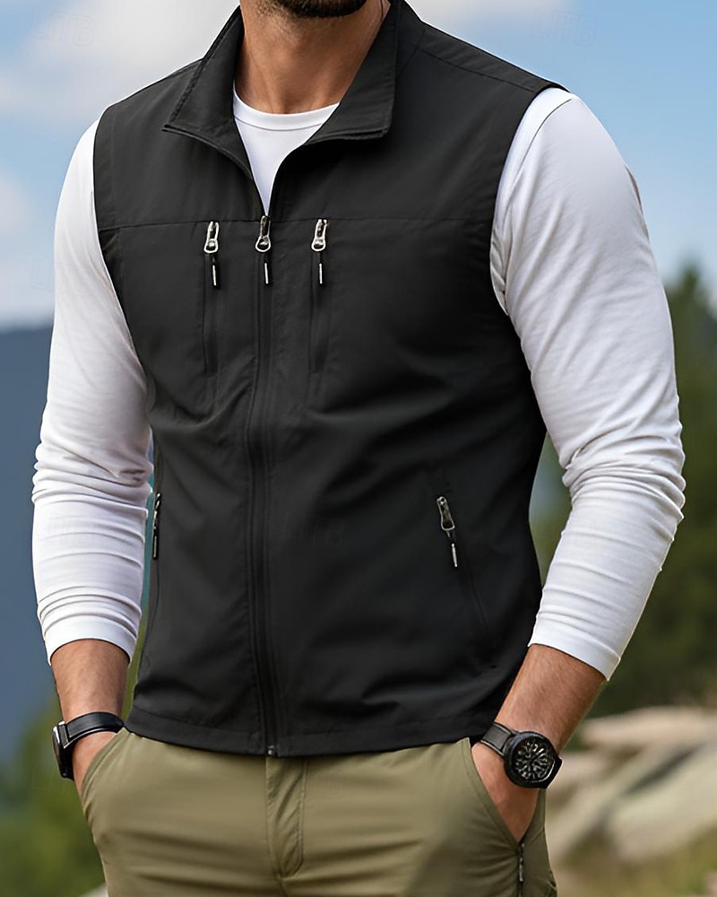 Miesten Liivi Gilet Kalastusliivi ulko- Päivittäin Muoti Vapaa-aika Kevät Syksy Vetoketju Tasku Polyesteri Mukava Tavallinen Yksirivinen yksi nappi Stand-kaula-aukko Normaali Musta Viini Armeijan 2025 - $32.99 –P1