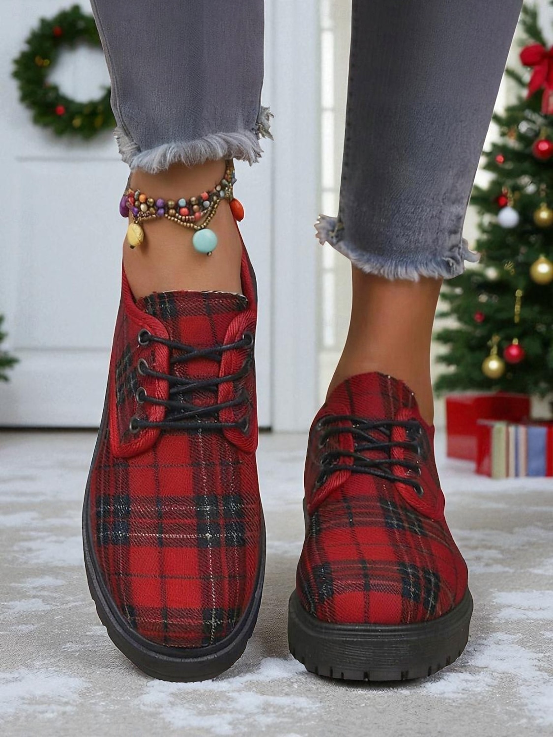 Women's Red Plaid Lace-Up Oxford Shoes, Vintage Tartan Pattern Casual Shoes, Perfect for Christmas Outfits, Winter Fashion & Holiday Gatherings 2026 - $24.99 –P1