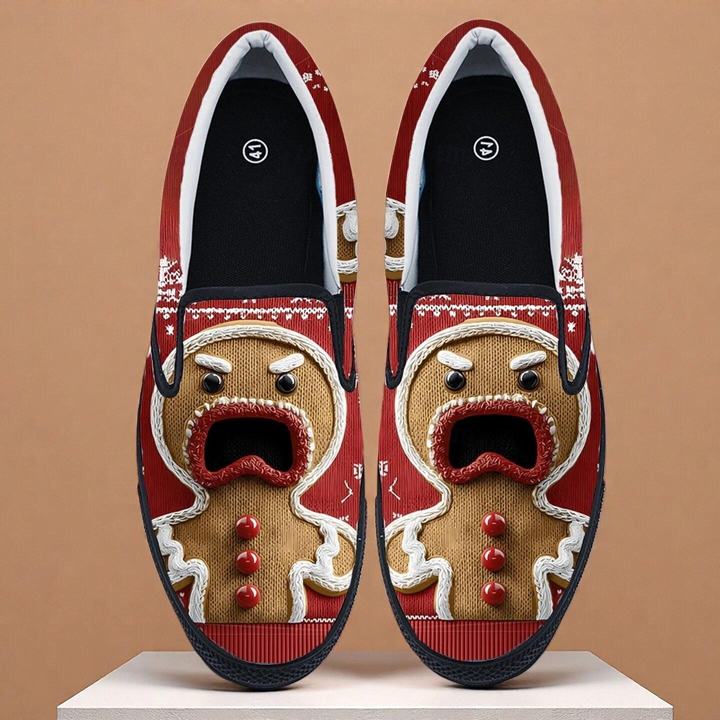 scarpe slip-on da uomo a forma di omino di pan di zenzero natalizio – design festoso in 3D a forma di pan di zenzero, divertenti e comode, ideali per feste di Natale ed eventi natalizi del 2026 a $46.99 –P1