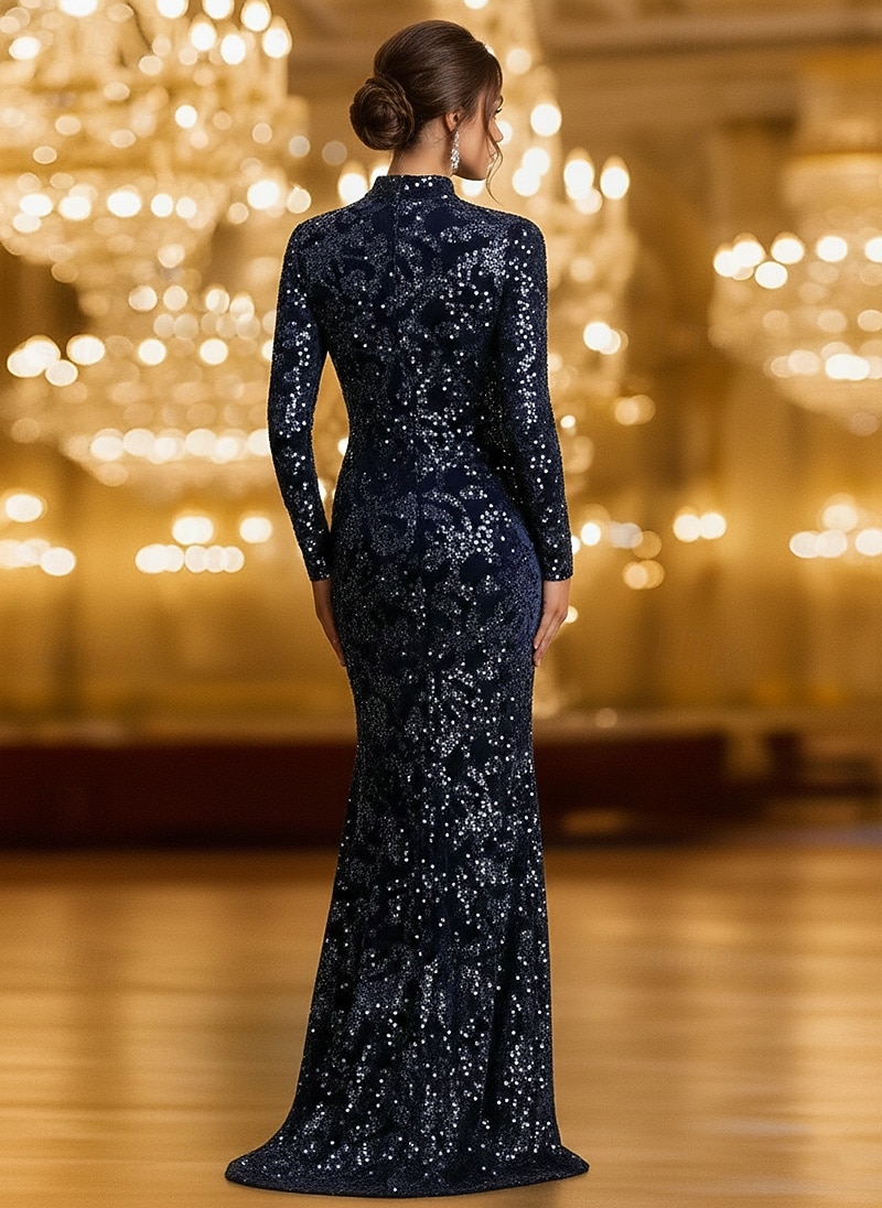 Havfrue Sweep Børste train Gulvlengde Ballkjoler Kveldskjoler Ballkjole Formell kjole Elegant Glitrende Ballkjoler Langermet Høyhalset Hage fest Bryllup Fløyel med Glimmer Paljett 2026 - $195.99 –P2