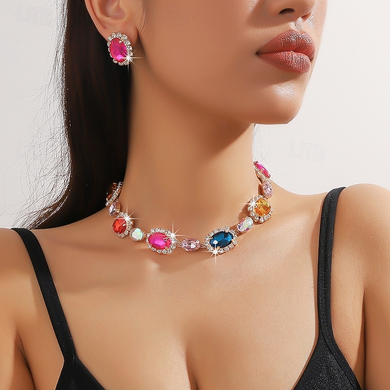 Naisten värikäs kristallikorusetti, kimalteleva strassi kaulakoru ja korvakorusetti juhliin, häihin &iltatilaisuudet, ylelliset asusteet 2025 - $18.99 –P2