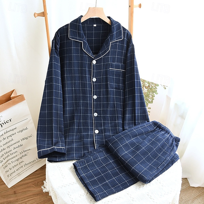 Men's Sleepwear Pajama Set Pajama Top and Pant 1 set Plaid Fashion Stylish Classic Home Daily Bed Cotton Comfort Soft Breathable Lapel Long Sleeve Shirt Pant Elastic Waist Buttons Spring Fall Navy 2026 - $43.99 –P2
