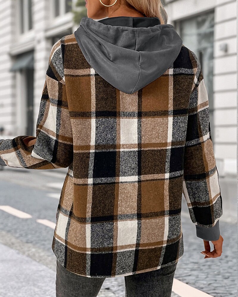 Women's Pullover Hoodie Sweatshirt Plaid Vintage Casual Long Sleeve Hooded Regular Tops Street Casual Sports Drawstring Patchwork Pink Army Green Dark Gray Beige Coffee Fall Winter 2025 - $35.99 –P8