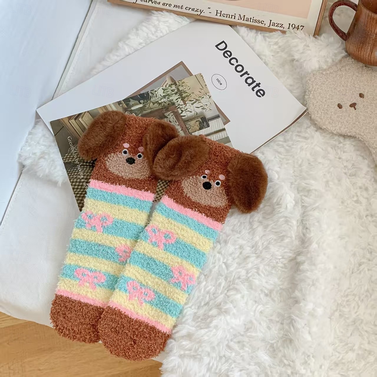 Damskie, przytulne, puszyste skarpetki świąteczne, urocze, ciepłe kapcie z motywem psa, idealne na świąteczny relaks &prezenty 2026 - $11.99 –P4