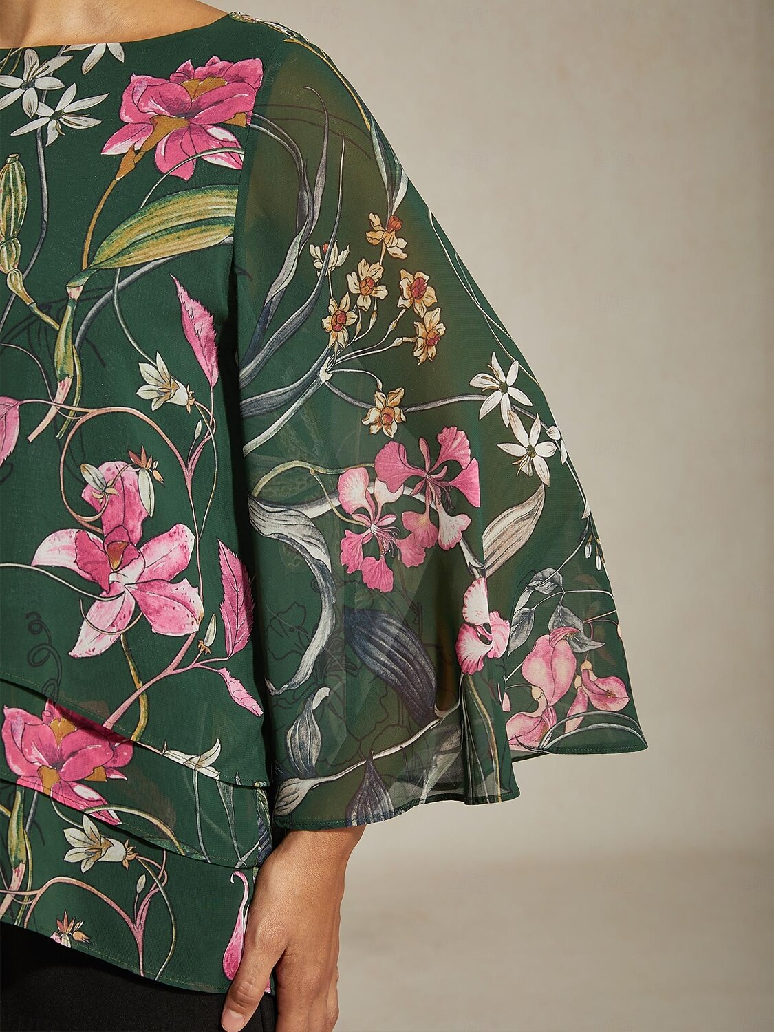 damblus transparent chiffong grön blommig tryck halvärmad rund hals lager-på-lager pullover casual elegant vår sommar höst 2026 - $67.99 –P7