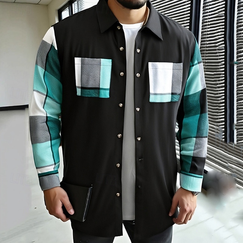 Bărbați Shacket Jachetă cămașă Jachete Iarnă Plisat Vacanță Purtare Zilnică Negru Albastru celest Manșon Lung Rever Toamnă Iarnă Îmbrăcăminte Buzunar frontal 2025 - $23.99 –P6