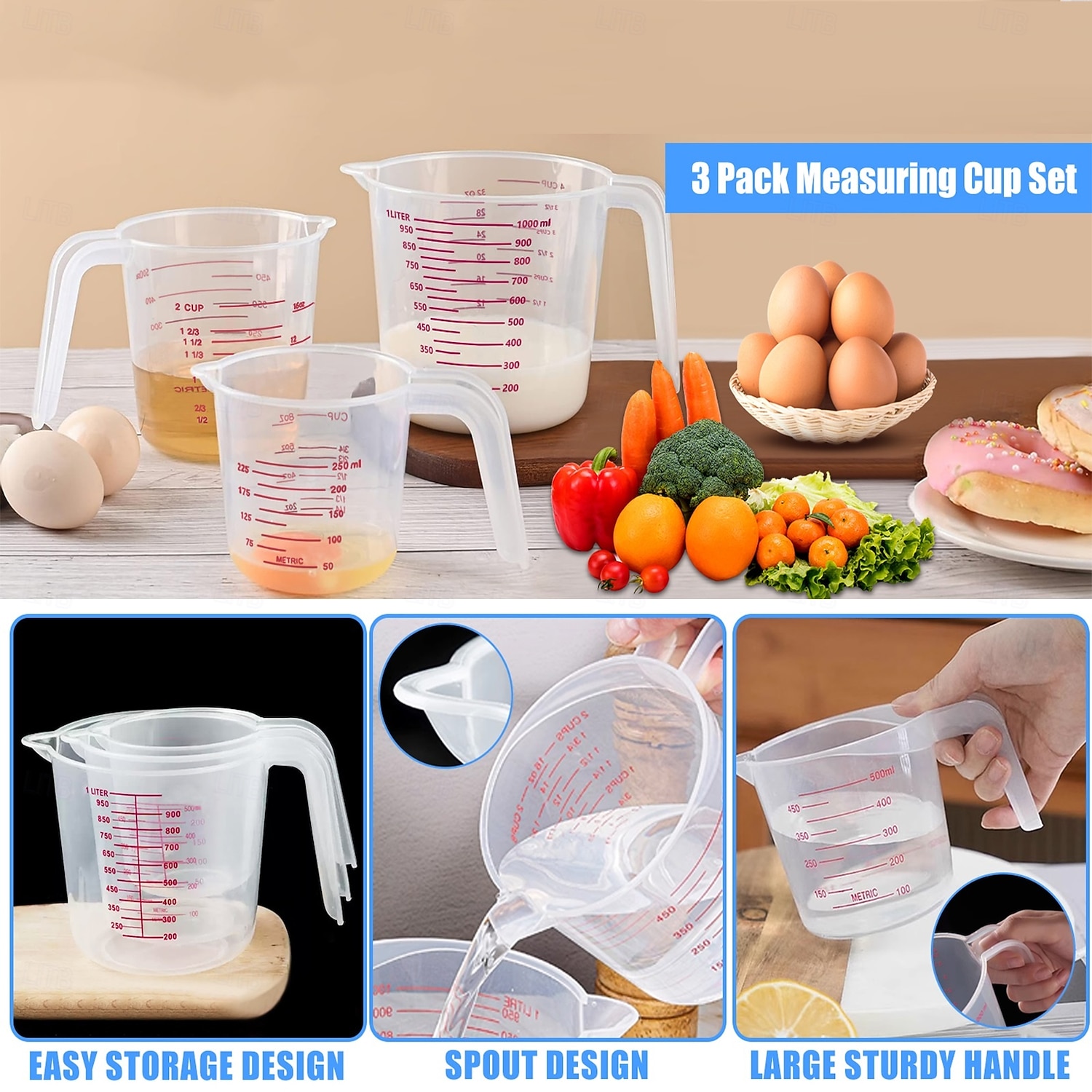 2026年 3パック計量カップセットには、250ml（1カップ）、500ml（2カップ）、1000ml（4カップ）のプラスチック液体計量カップが含まれています - ベーキング、調理、ミキシング &計量カップはキッチンに欠かせないツール  コレクション – $15.99 –P2