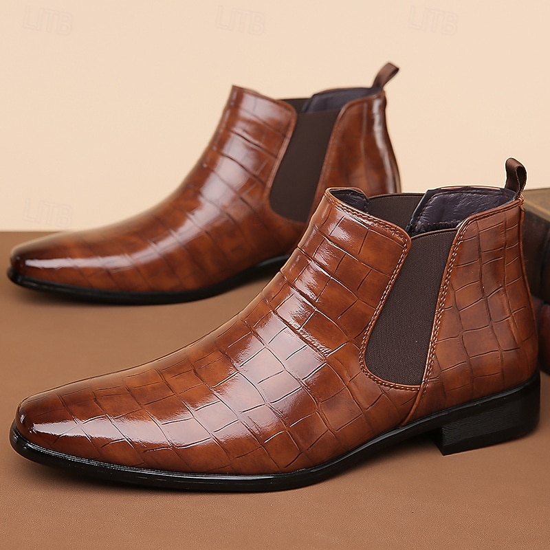 stivali chelsea da uomo in vera pelle sintetica color cuoio con pannelli laterali elastici e finitura liscia, eleganti stivaletti eleganti per lavoro, feste e occasioni formali del 2026 a $54.99 –P17