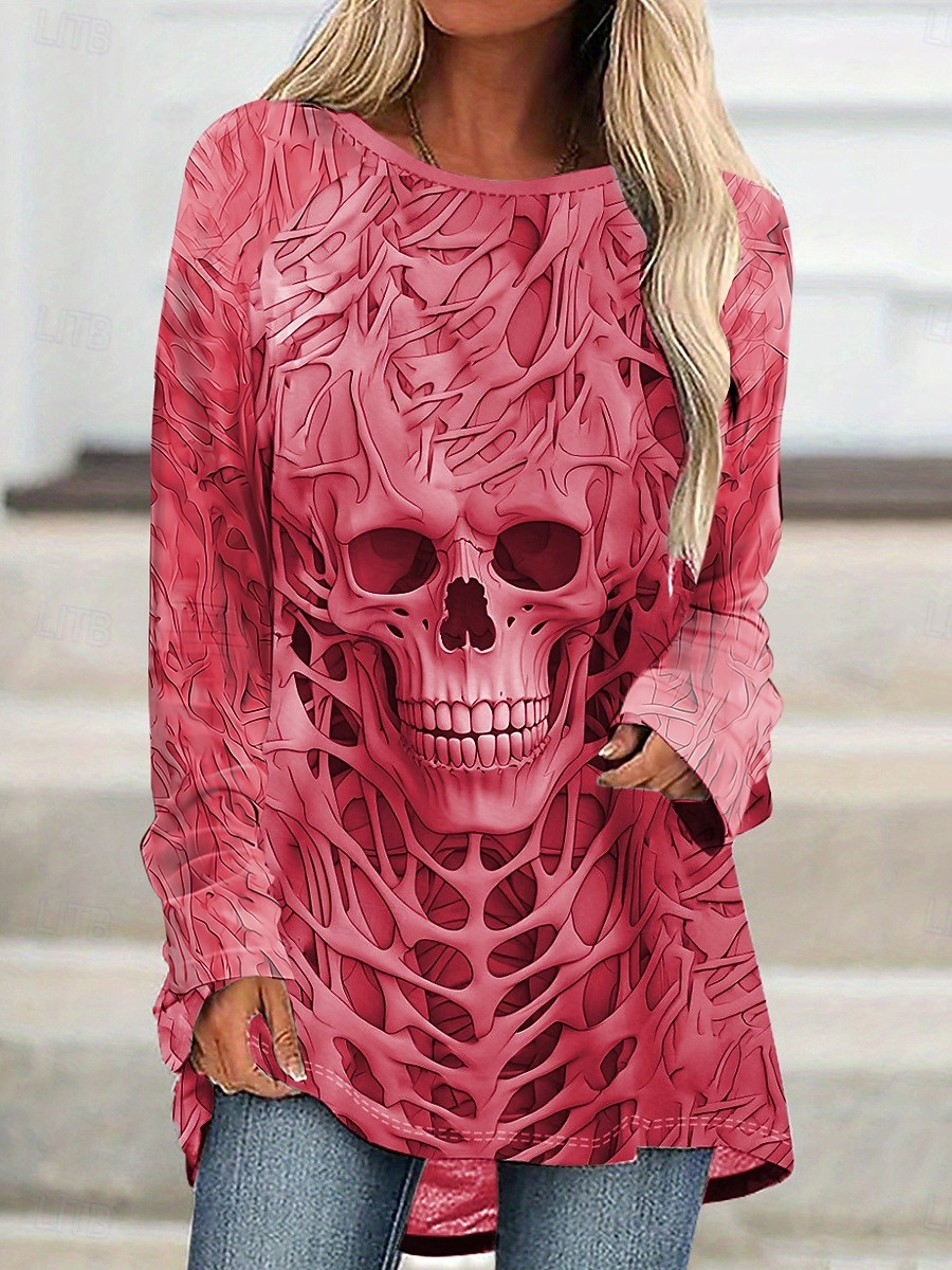 Camiseta de Halloween para mujer calaveras gráfica vintage estilosa casual de manga larga cuello redondo tops largos impresión diaria negro gris primavera otoño 2026 - $26.99 –P7