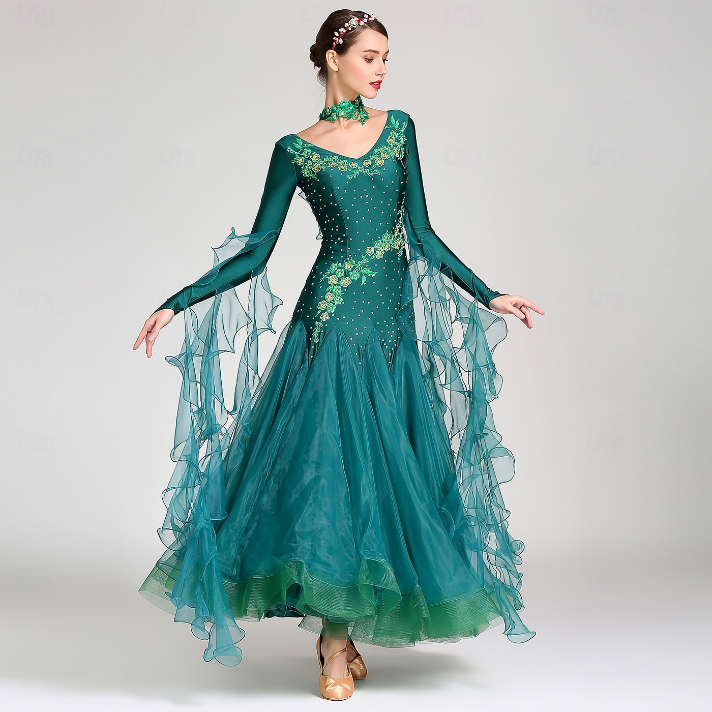 Бальные танцы Платье Чистый цвет Жен. Выступление Учебный Тематическая вечеринка Длинный рукав Спандекс 2026 - $120.99 –P12