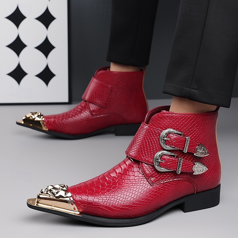 Punaiset keinonahkaiset krokotiilikuvioiset miesten kengät, joissa kaksoissolki – ylelliset juhlakengät joulujuhliin ja tyylikkäisiin iltatilaisuuksiin 2025 - $89.99 –P12