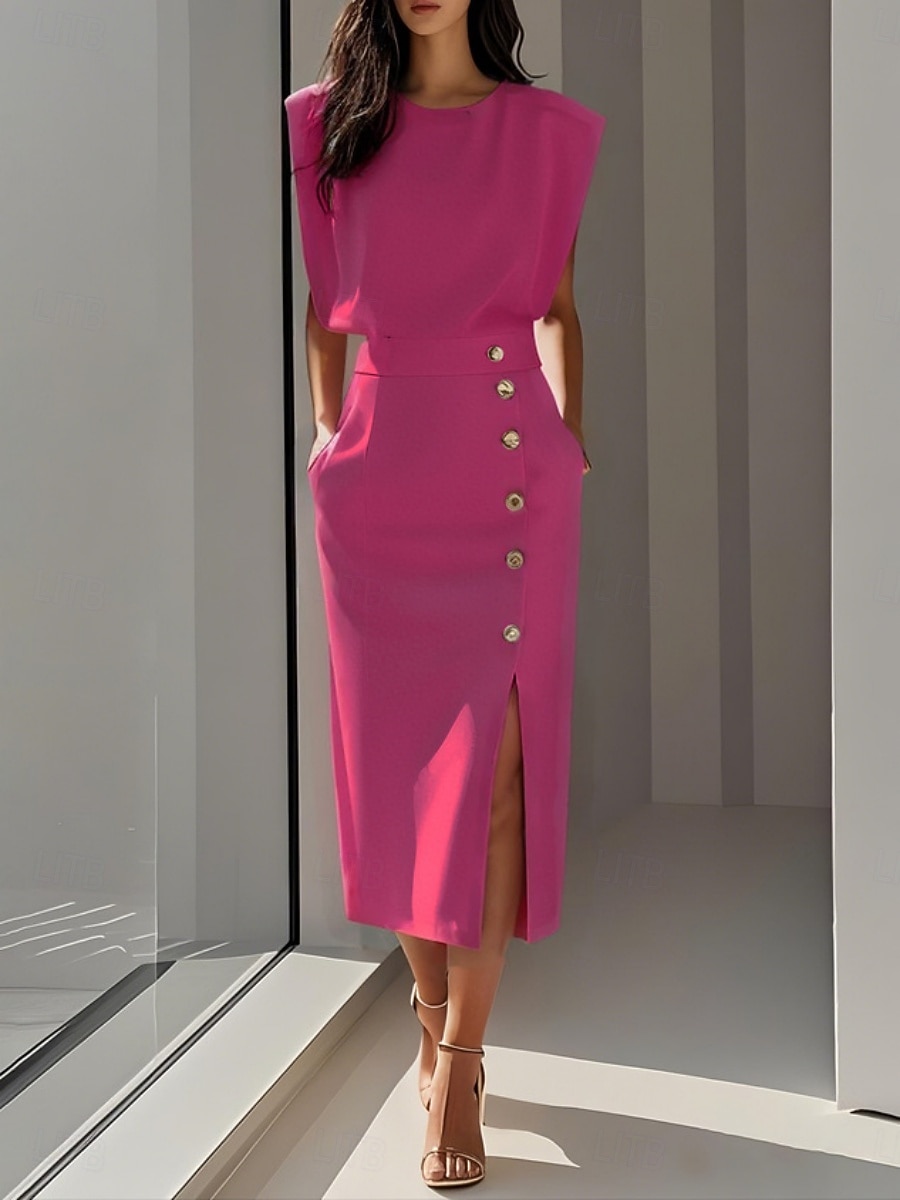 Damen Midikleid A Linie Kleid Lässig Täglich Date Schlank Einfach Ärmellos Rundhalsausschnitt Einkerbiger Ausschnitt Marineblau Schwarz Weiß Rosa Sommer Frühling 2025 - $14.99 –P4