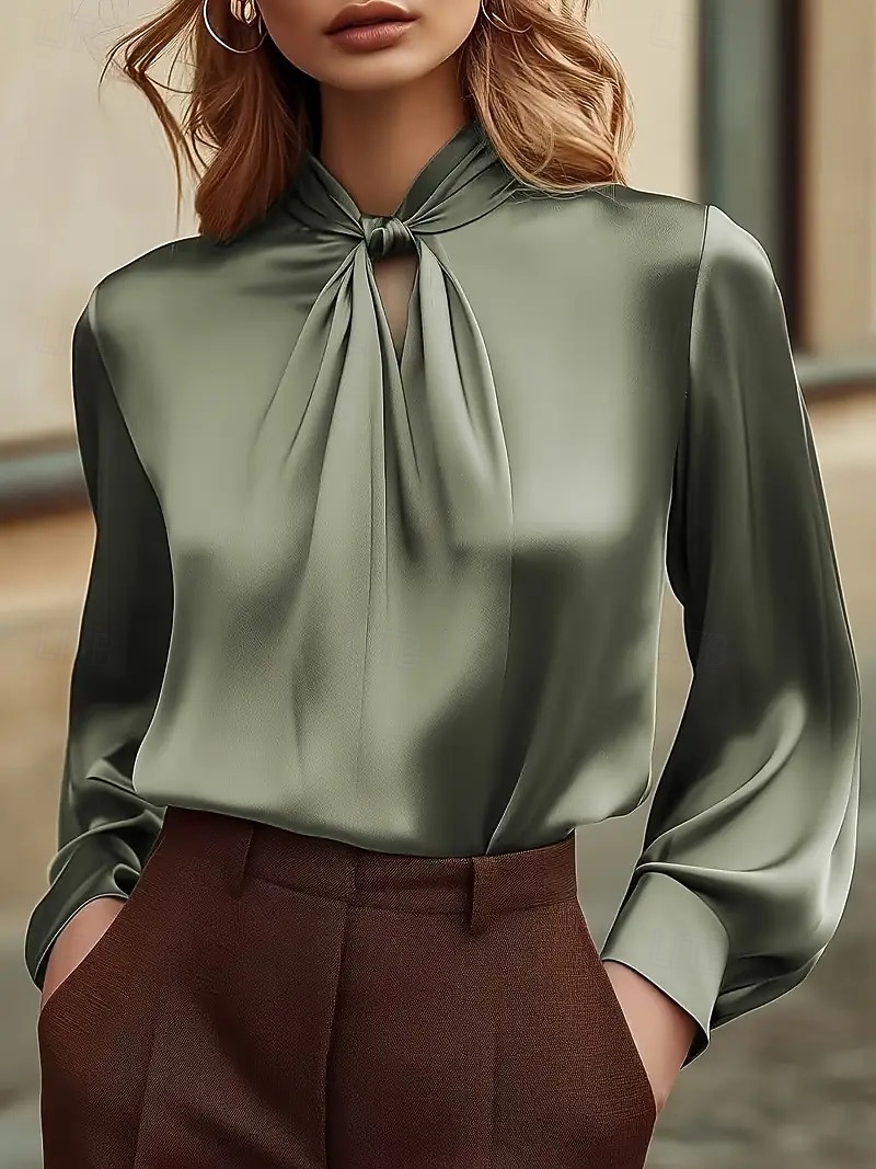 Damen Elegant Satin-Top Bluse Seiden-Oberteile Gerafft Einfach Elegant Stilvoll Langarm Wasserfallausschnitt Normale Oberteile Täglich Blau Salbeigrün Rote Grün Herbst 2026 - $31.99 –P2