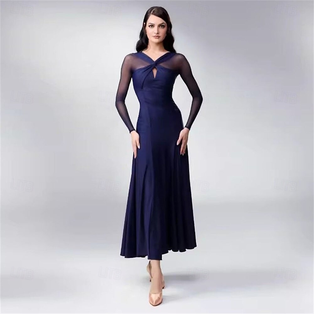 abito da ballo da sala da donna blu navy elegante a maniche lunghe in rete con scollo incrociato, abito da competizione per valzer, foxtrot e tango del 2026 a $337.89 –P1