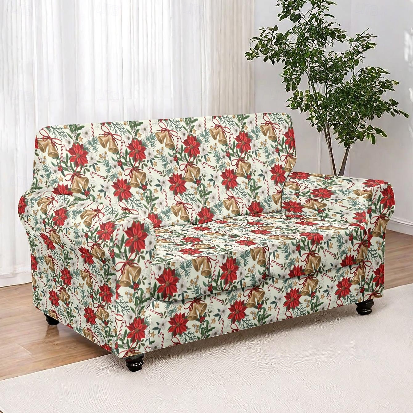 Fundas navideñas para sillones y sofás, confeccionadas en poliéster elástico teñido con hilo, con diseño de plantas, ideales para la decoración navideña del hogar. 2025 - $29.99 –P8