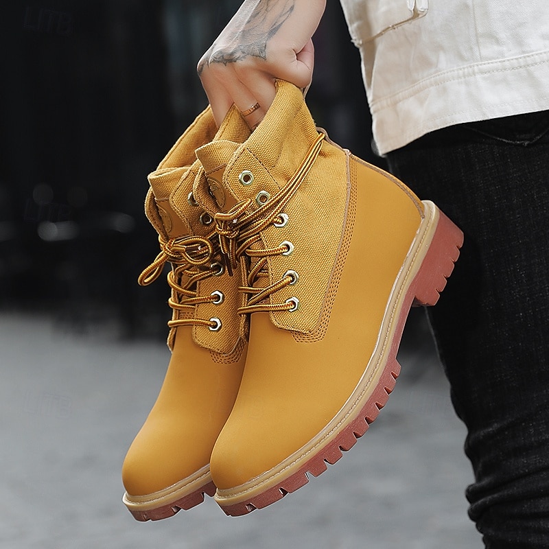 Yellow Faux Leather Men's Work Boots with Lace-Up Design – Durable and Stylish Footwear for Outdoor Activities and Work Environments 2025 - $59.99 –P2
