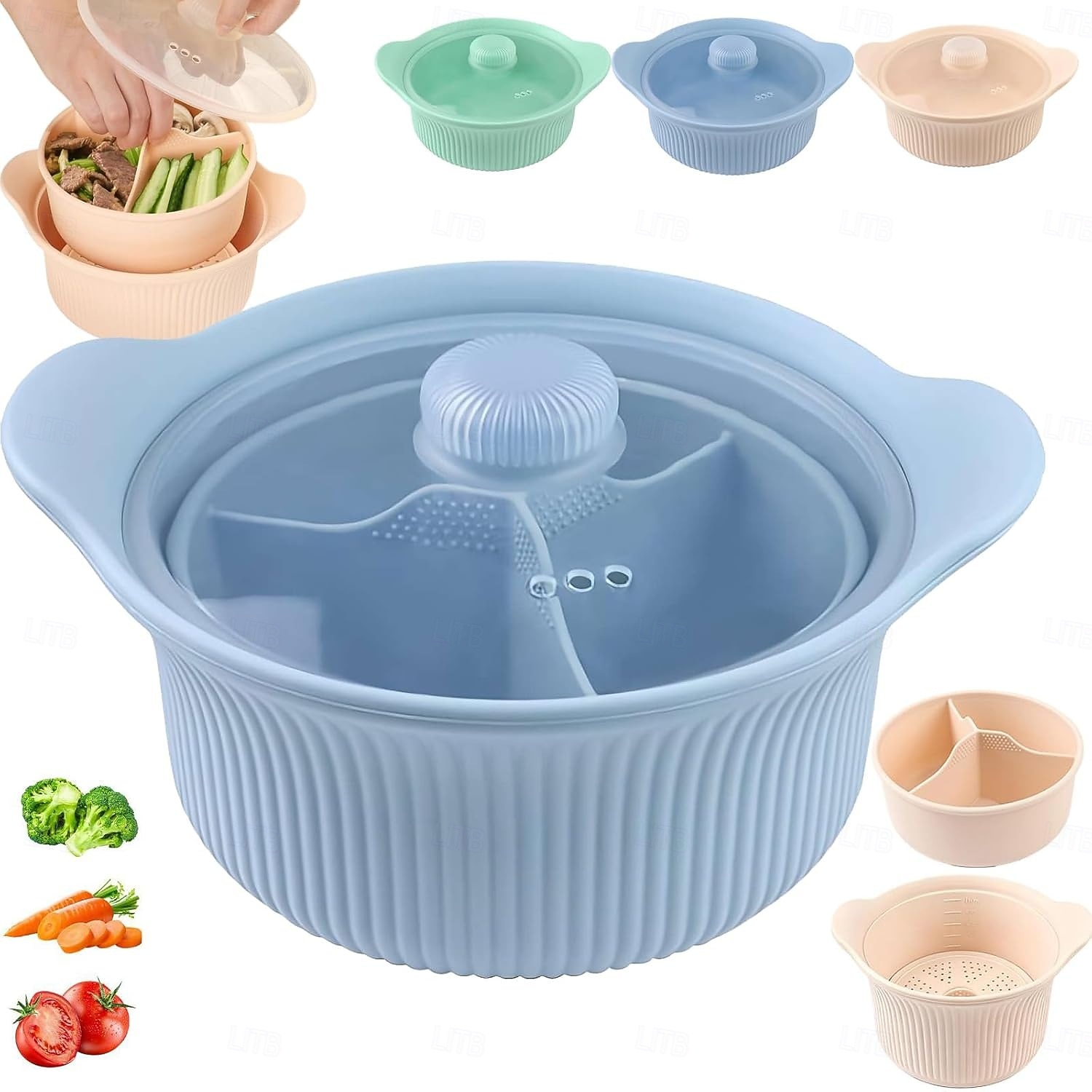 סיר אידוי סיליקון למיקרוגל 42oz, 3 תאים, סיר אידוי סיליקון 4 ב-1 עם ידית ומכסה לירקות, דגים, הכנת ארוחות, מזון לתינוקות, תנור &בטוח למדיח כלים, קל לניקוי 2026 - $15.99 –P1