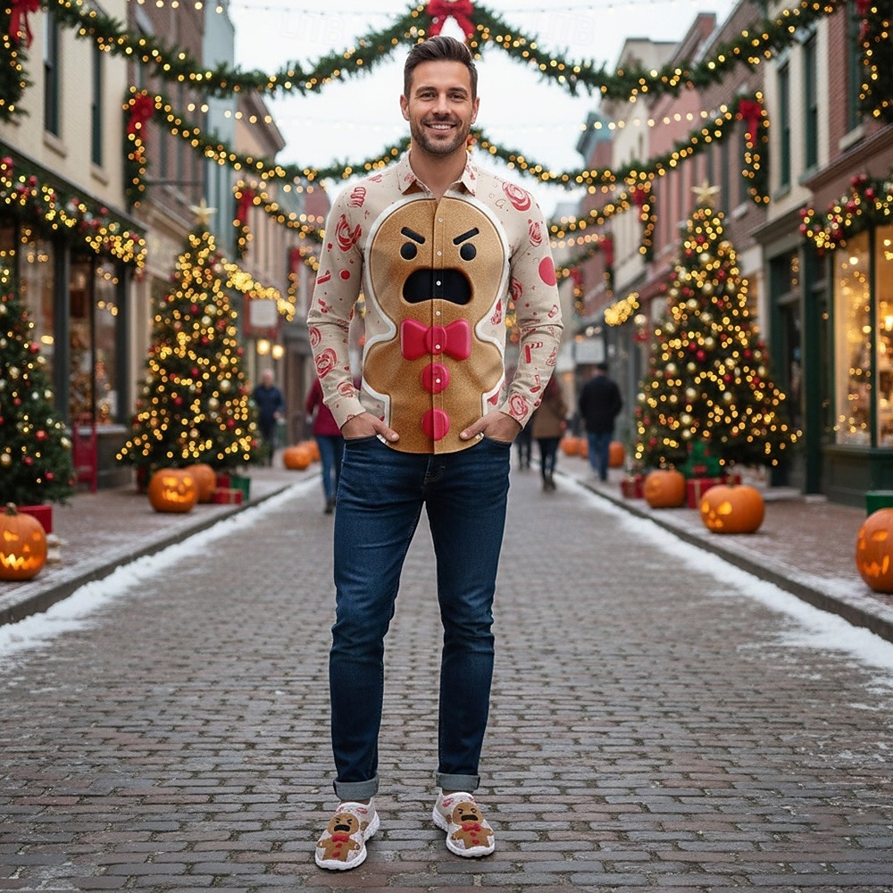 Męskie świąteczne kapcie piernikowe - zabawne buty na święta z motywem piernikowych ciasteczek, wygodne, wsuwane, idealne do leniuchowania i codziennego noszenia zimą 2025 - $26.99 –P4