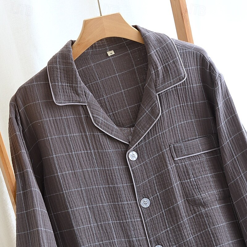 Men's Sleepwear Pajama Set Pajama Top and Pant 1 set Plaid Fashion Stylish Classic Home Daily Bed Cotton Comfort Soft Breathable Lapel Long Sleeve Shirt Pant Elastic Waist Buttons Spring Fall Navy 2026 - $43.99 –P5