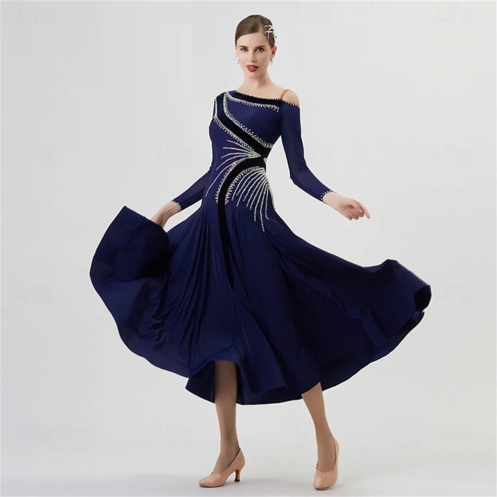abito da ballo da sala da donna, elegante abito da competizione per tango, valzer, foxtrot, con spalline asimmetriche e strass – blu navy del 2026 a $309.19 –P1