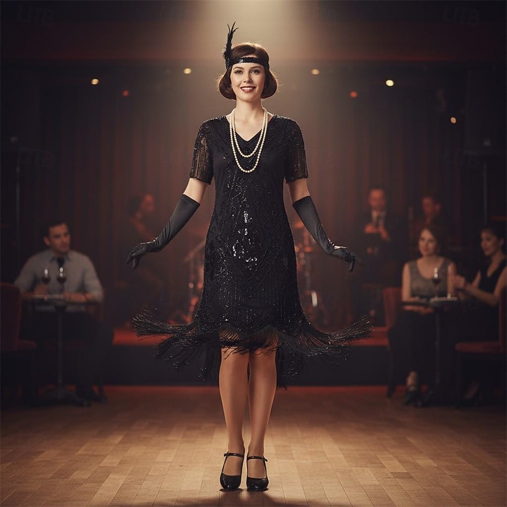 2026年 セット 20代の轟音 1920年代風 膝丈 フラップワンピース 二次会ドレス / カクテルドレス ファンシーコスチューム アクセサリー付き 半袖 グレートギャツビー フラッパーガール スパンコール タッセル Ｖネック 仮装 女性用 クリスマス 新年 パーティー スピークイージー マスカレード 成人 ドレス グローブ イヤリング  コレクション – $57.99 –P6