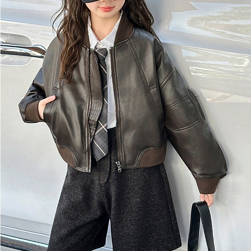 Bambini Ragazze Giacca in pelle nera Giacca di pelle Tinta unica Moda Cerniera Tasca All'aperto Cappotto Capispalla 4-12 Anni Autunno Marrone del 2025 a $48.99 –P4